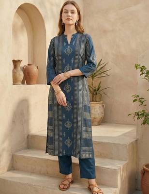 Ethnic Motif Printed Pure Cotton Straight Kurta & Trousers 1