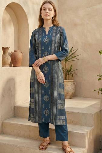 Ethnic Motif Printed Pure Cotton Straight Kurta & Trousers