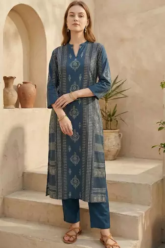 Ethnic Motif Printed Pure Cotton Straight Kurta & Trousers