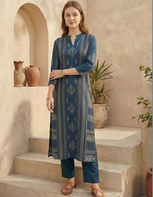 Ethnic Motif Printed Pure Cotton Straight Kurta & Trousers 2