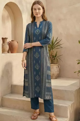 Ethnic Motif Printed Pure Cotton Straight Kurta & Trousers