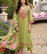 Women Floral Embroidered Cotton Kurta with Trousers & Dupatta