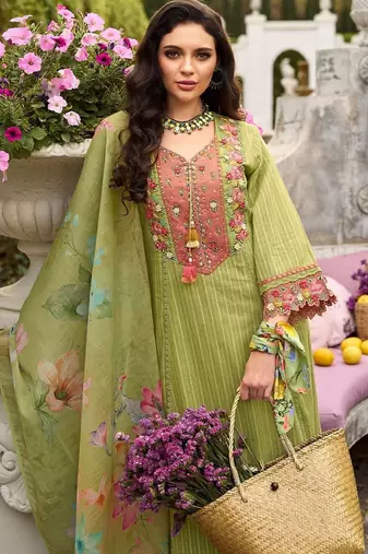 Women Floral Embroidered Cotton Kurta with Trousers & Dupatta