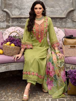 Women Floral Embroidered Cotton Kurta with Trousers & Dupatta 5