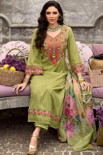 Women Floral Embroidered Cotton Kurta with Trousers & Dupatta