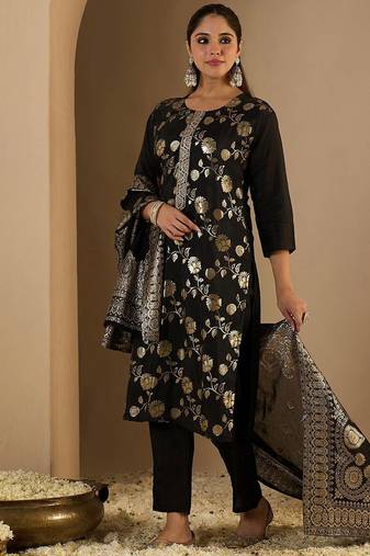 floral woven design straight kurta with trousers & dupatta