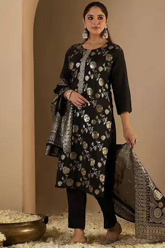 Floral Woven Design Straight Kurta With Trousers & Dupatta