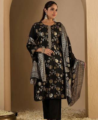 Floral Woven Design Straight Kurta With Trousers & Dupatta 2