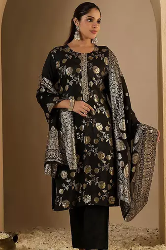 Floral Woven Design Straight Kurta With Trousers & Dupatta