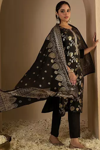 Floral Woven Design Straight Kurta With Trousers & Dupatta