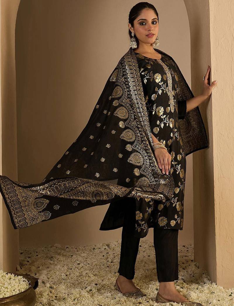 Floral Woven Design Straight Kurta With Trousers & Dupatta