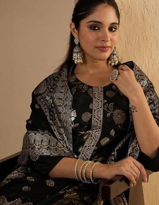 Floral Woven Design Straight Kurta With Trousers & Dupatta 4