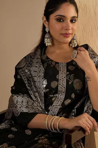 Floral Woven Design Straight Kurta With Trousers & Dupatta