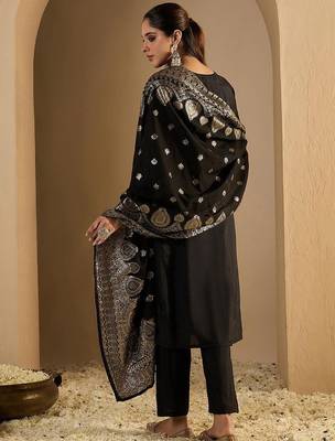 Floral Woven Design Straight Kurta With Trousers & Dupatta 5