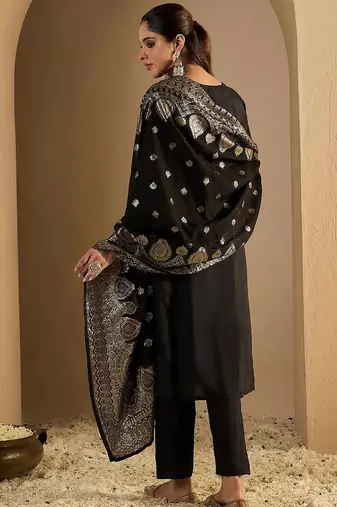 Floral Woven Design Straight Kurta With Trousers & Dupatta