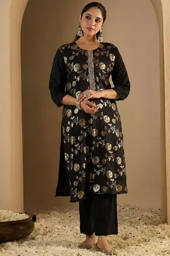 Floral Woven Design Straight Kurta With Trousers & Dupatta