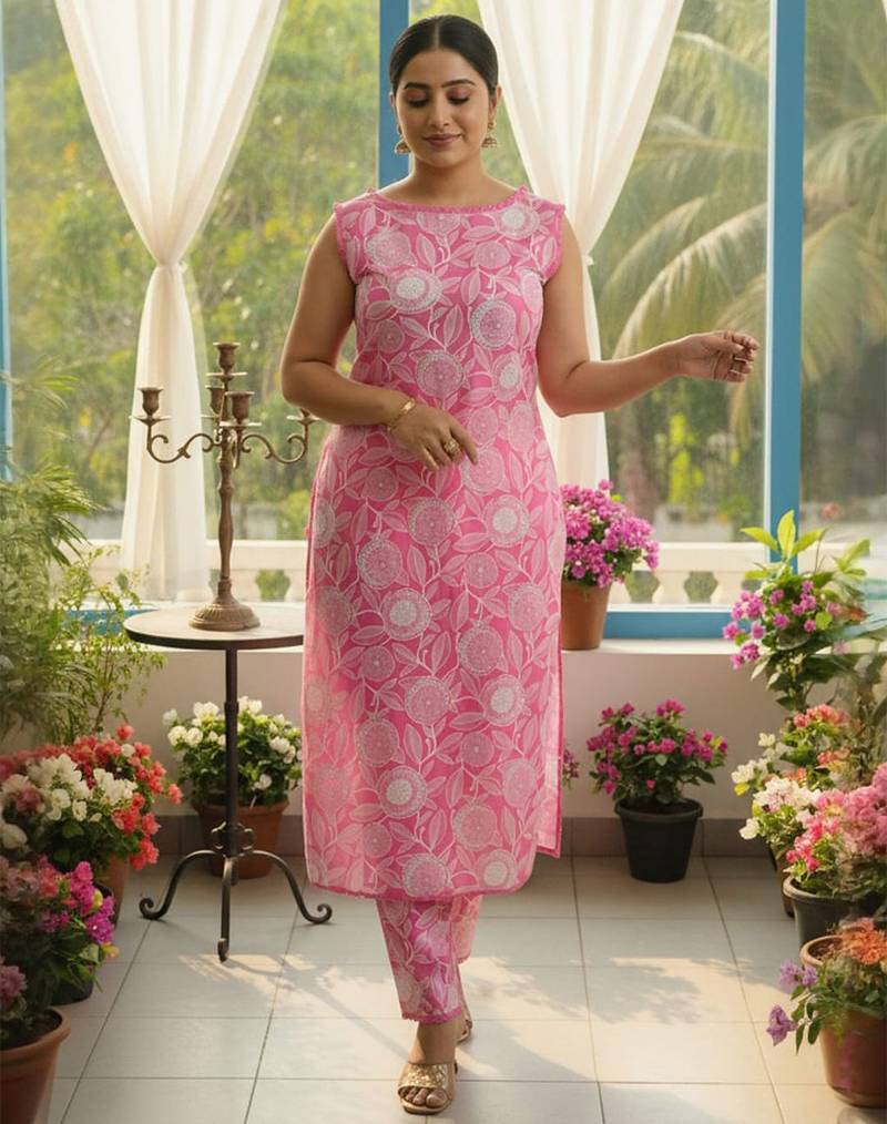 Women Floral Printed Straight Pure Cotton Kurta with Trousers