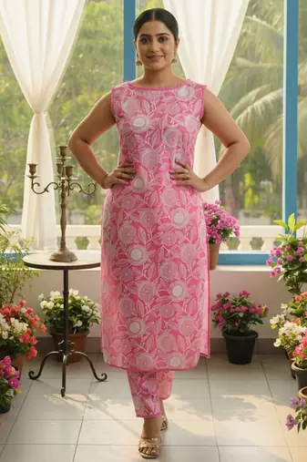 Women Floral Printed Straight Pure Cotton Kurta with Trousers