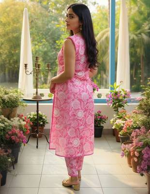 Women Floral Printed Straight Pure Cotton Kurta with Trousers 4