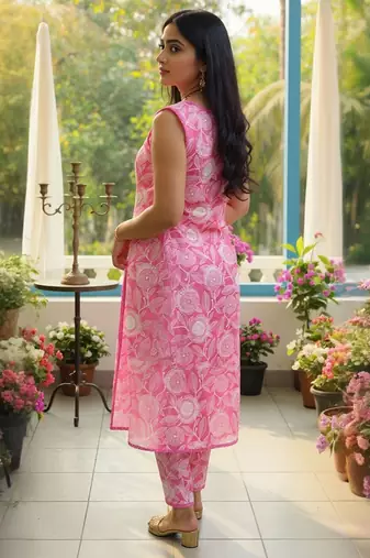 Women Floral Printed Straight Pure Cotton Kurta with Trousers