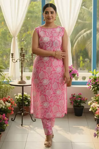 Women Floral Printed Straight Pure Cotton Kurta with Trousers