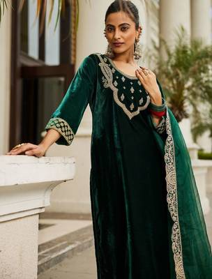 Women Ethnic Motifs Embroidered Regular Velvet Kurta with Trousers & Dupatta 2