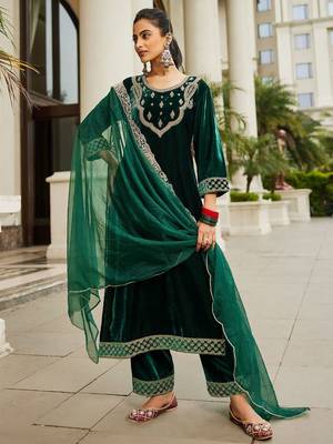 Women Ethnic Motifs Embroidered Regular Velvet Kurta with Trousers & Dupatta 1