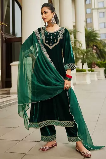 Women Ethnic Motifs Embroidered Regular Velvet Kurta with Trousers & Dupatta