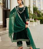 Women Ethnic Motifs Embroidered Regular Velvet Kurta with Trousers & Dupatta