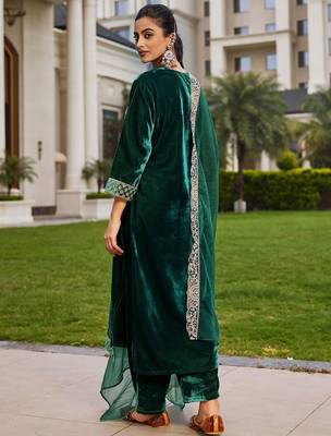 Women Ethnic Motifs Embroidered Regular Velvet Kurta with Trousers & Dupatta 3