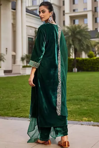 Women Ethnic Motifs Embroidered Regular Velvet Kurta with Trousers & Dupatta