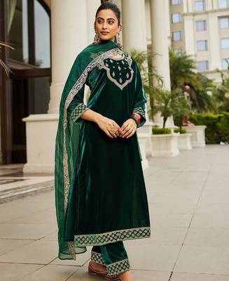 Women Ethnic Motifs Embroidered Regular Velvet Kurta with Trousers & Dupatta 4