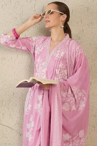 Women Floral Printed Pure Cotton A-Line Kurta with Trouser & Dupatta