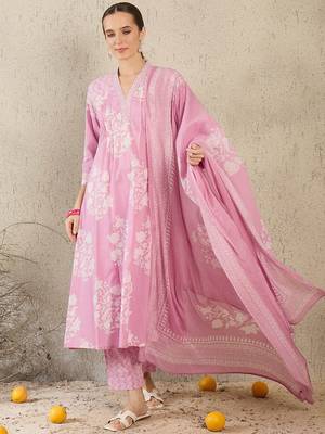 Women Floral Printed Pure Cotton A-Line Kurta with Trouser & Dupatta 1