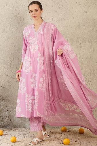 Women Floral Printed Pure Cotton A-Line Kurta with Trouser & Dupatta