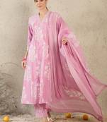 Women Floral Printed Pure Cotton A-Line Kurta with Trouser & Dupatta