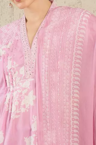 Women Floral Printed Pure Cotton A-Line Kurta with Trouser & Dupatta