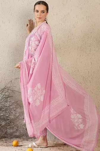 Women Floral Printed Pure Cotton A-Line Kurta with Trouser & Dupatta