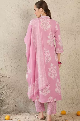 Women Floral Printed Pure Cotton A-Line Kurta with Trouser & Dupatta