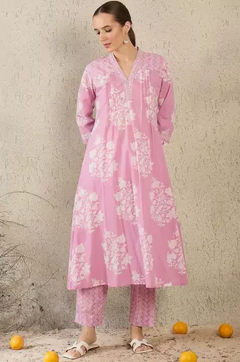 Women Floral Printed Pure Cotton A-Line Kurta with Trouser & Dupatta