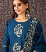 Printed Round Neck Thread Work Pure Cotton Straight Kurta With Trousers & Dupatta