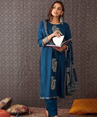 Printed Round Neck Thread Work Pure Cotton Straight Kurta With Trousers & Dupatta 2