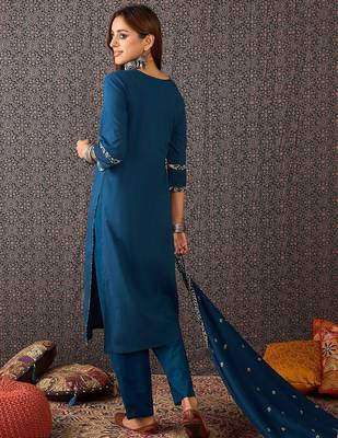 Printed Round Neck Thread Work Pure Cotton Straight Kurta With Trousers & Dupatta 5
