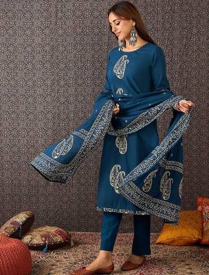 Printed Round Neck Thread Work Pure Cotton Straight Kurta With Trousers & Dupatta 7