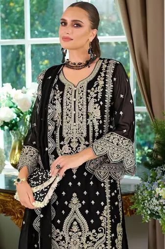Ethnic Motifs Embroidered V-Neck Straight Kurta With Trousers & Dupatta