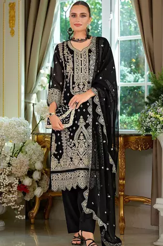 Ethnic Motifs Embroidered V-Neck Straight Kurta With Trousers & Dupatta