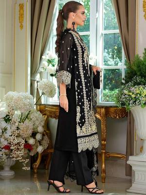 Ethnic Motifs Embroidered V-Neck Straight Kurta With Trousers & Dupatta 4