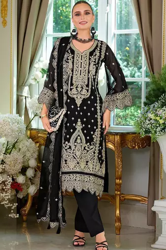 Ethnic Motifs Embroidered V-Neck Straight Kurta With Trousers & Dupatta