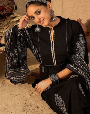 Women Ethnic Motifs Embroidered Pure Cotton A-Line Kurta with Trouser & Dupatta 2