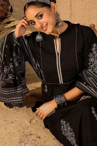 Women Ethnic Motifs Embroidered Pure Cotton A-Line Kurta with Trouser & Dupatta